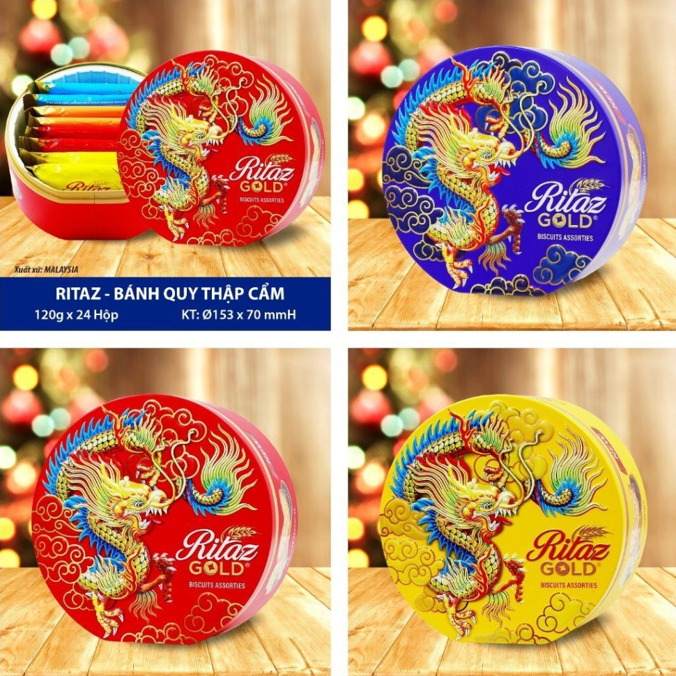 Bánh quy hỗn hợp ritaz gold biscuits assorted rồng hộp thiếc 120g nhập khẩu malaysia mẫu mới nhất - bánh kẹo tết 2024