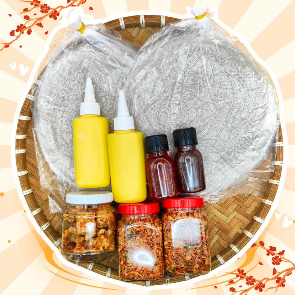 Bánh tráng phơi sương 300g, muối tép hành phi 200g, bơ 200g, hủ tóp mỡ kèm 2 chai sốt