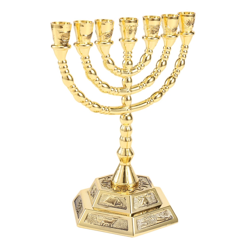 Golden Jewish Candle-Holders Religions Candelabra Hanukkah Candlesticks 7 Branch