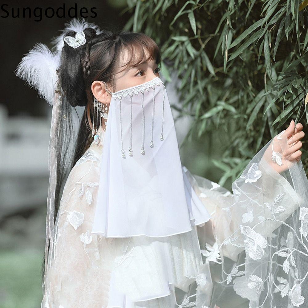 SUNGODDES Mũ cổ Khăn Hanfu Pha Lê Tua rua Gạc che Thanh lịch Che Phụ kiện Hán phục Trung Quốc Phụ nữ