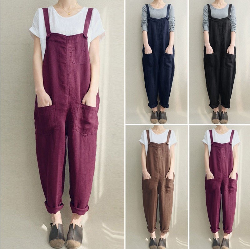 2019 nữ mới Jumper yếm cami lỏng Romper quá khổ phụ nữ dungarees Jumpsuit túi quần Tank Quần cỡ lỡn S-5XL