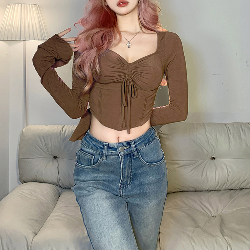 Beautifultime Áo Thun Nữ Áo Hở Eo Dây rút phía trước, áo thun ôm vừa màu trơn tay loe dài