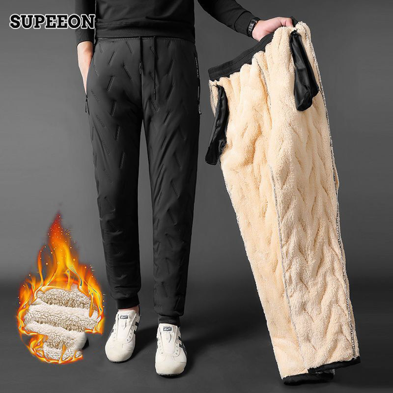 SUPEEON丨Quần nhồi lông cừu nam mùa đông sang trọng và dày quần ống đứng chống gió và quần vải bông ấm