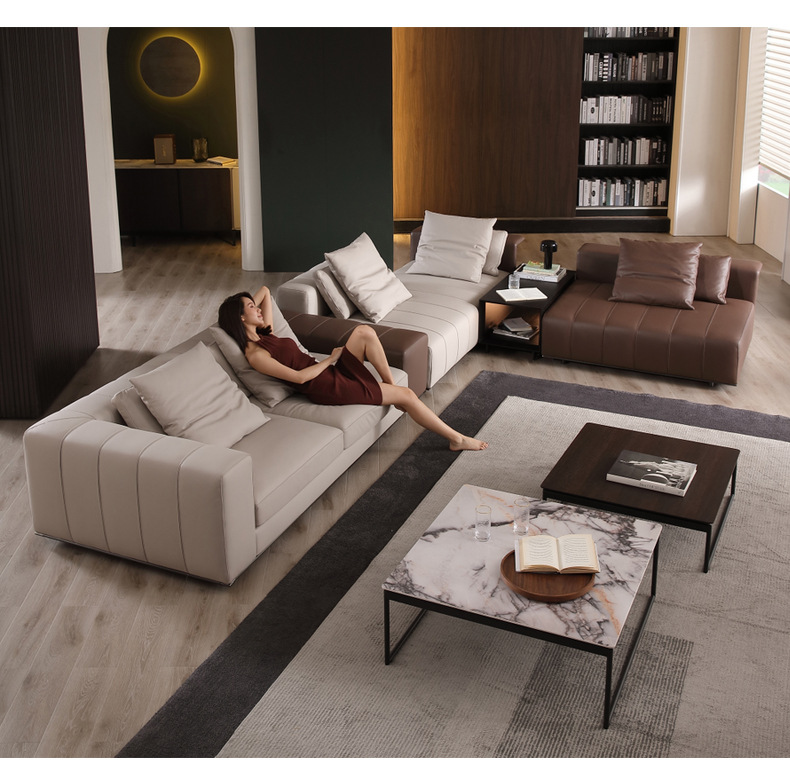 Sofá italiano minimalista de piel, teclas de piano, moderno, minimalista, nórdico, arte en piel, villa italiana, muebles de sala de estar de lujo y luminosos