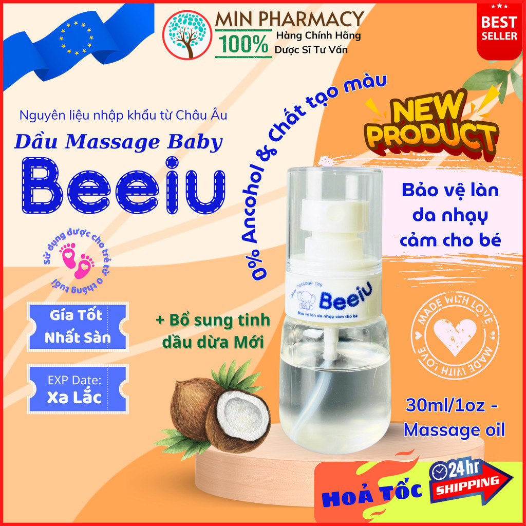 Dầu massage baby oil Beeiu dưỡng ẩm cho bé kết hợp tinh dầu dừa, tinh dầu cúc la mã và tràm trà Chai 30ml