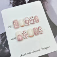 10Pcs Mid-Length Oval White Moonlight Cat Eyes Nails Silver Bowknot Press On False Nails with Pearl Diamond Full Cover Nail Tips