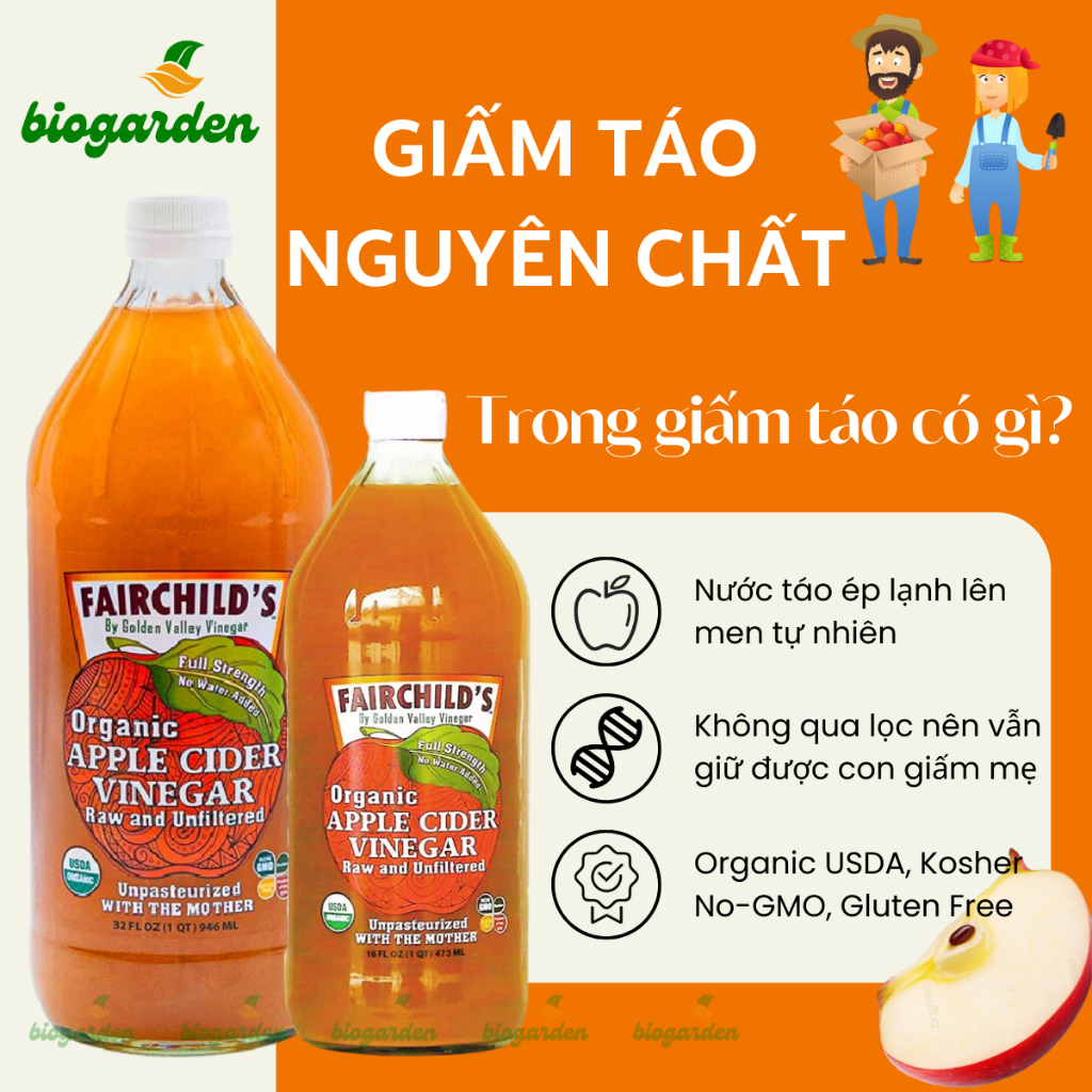 Giấm táo Nguyên chất hữu cơ FairChild’s có giấm mẹ chai 473ml và 946ml - Hỗ Trợ Tiêu Hoá - Giảm Cân - Giảm Cholesterols