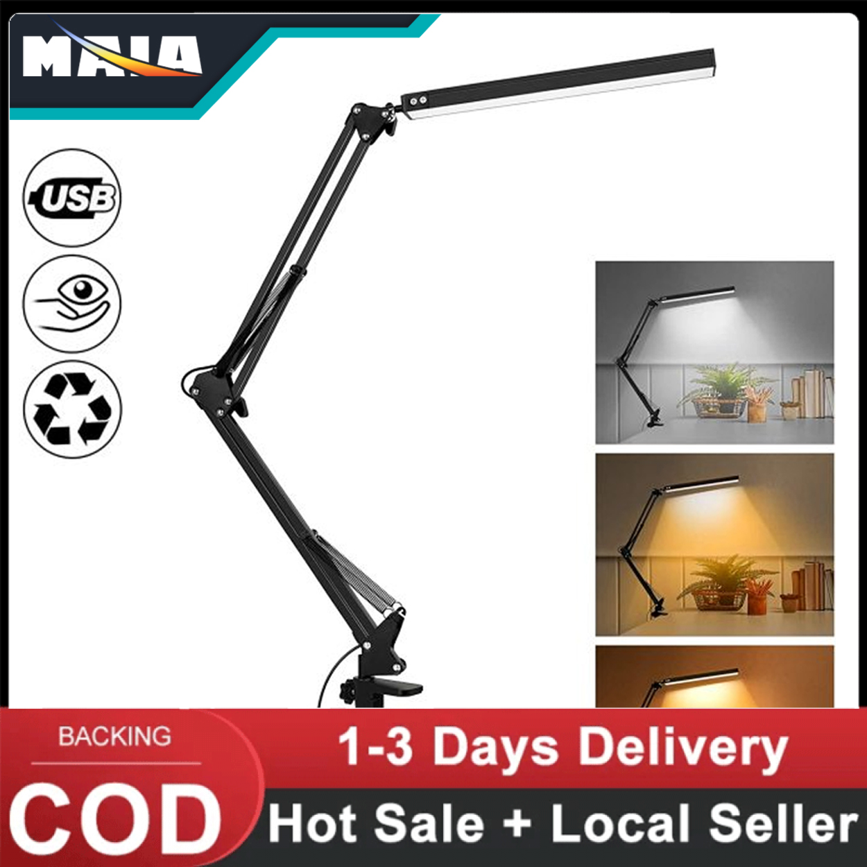 LED Folding Metal Desk Lamp Clip On Light Clamp Long Arm Dimming Table Lamp Adjustable 【24 hours delivery】