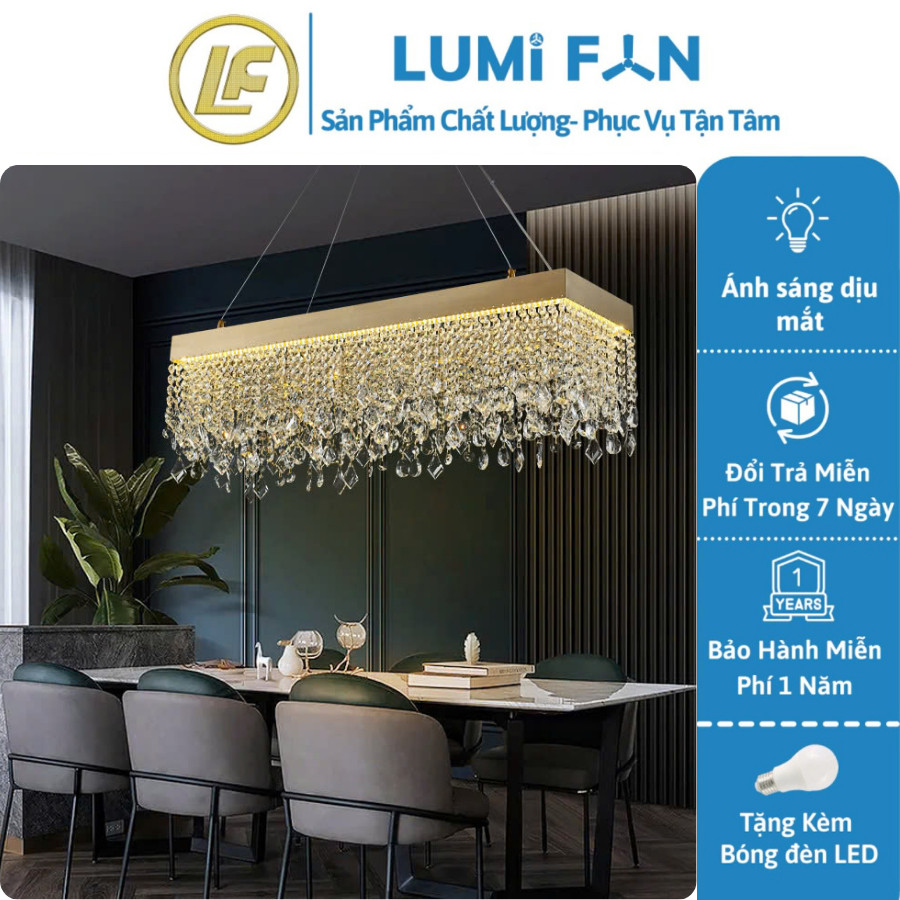 Đèn Decor Phòng, Đèn Chùm Pha Lê Lumifan - Đèn Thả Bàn Ăn Dáng Dài Pha Lê 3 màu Siêu Đẹp. Hàng Chính Hãng