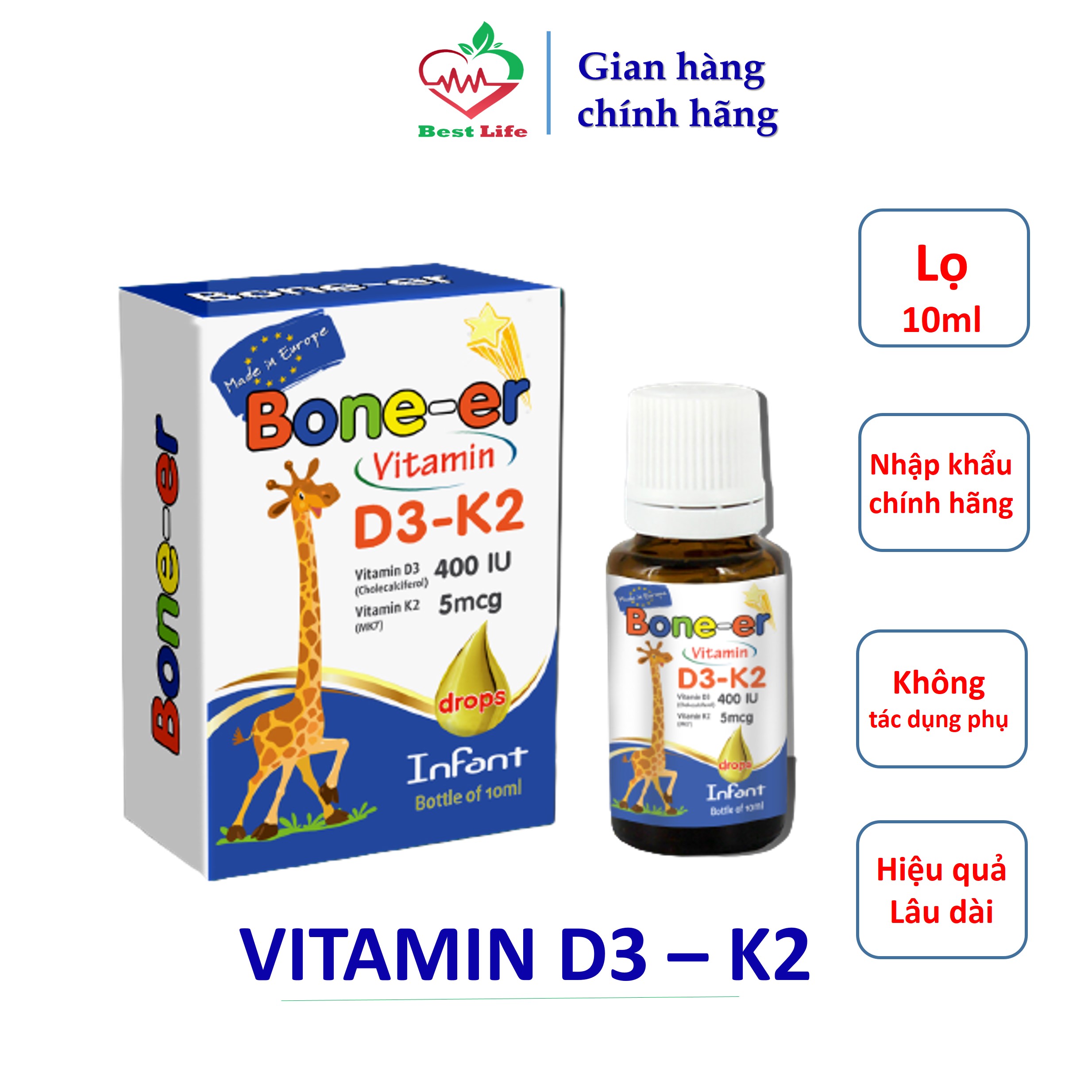 Vitamin D3 nhỏ giọt Bone-er bổ sung vitamin D3 và K2 cho bé từ 0 tháng