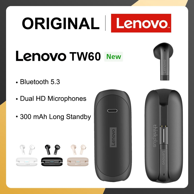 Lenovo tw60 tws tai nghe không dây bluetooth 5.3 tai nghe giảm tiếng ồn 300mah thời gian đợi lâu tai nghe hd kép mic