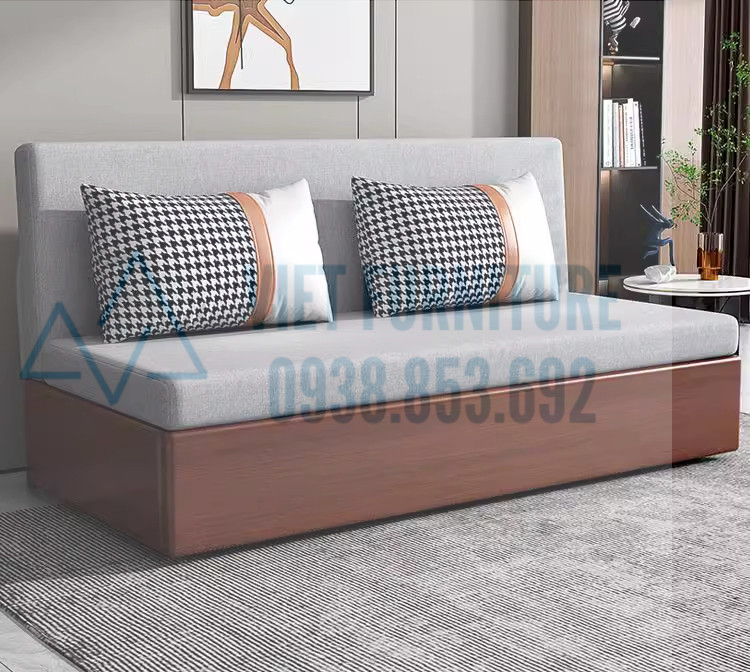 Sofa giường gỗ sồi tự nhiên 1m2 cao cấp, giường sofa phủ bì 1m3 gỗ tự nhiên khung gầm sắt siêu bền siêu chắc chắn