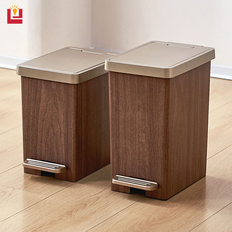 Household high-end push-button lid double-open design trash can for kitchen and toilet narrow slit storage wood grain trash can