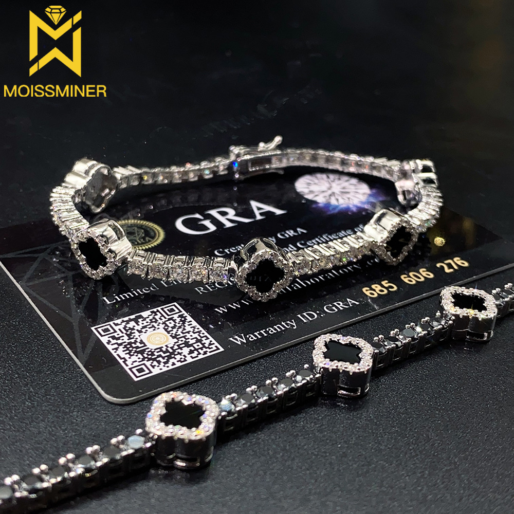 3mm S925 silver Moissanite Black Agate Clover Tennis Chain Bracelet Iced Out for Men Hip Hop Jewelry Pass Diamond Tester WithGRA ราคา 9,229 บาท*ส่งฟรี