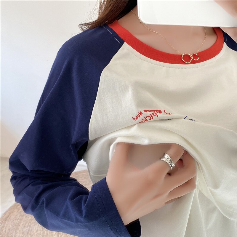 Xanh dương và trắng màu tương phản O-cổ y tá T-shirt tay áo dài cho bà bầu thời trang nữ xuân thu quần áo bầu 2206