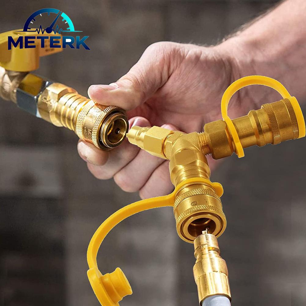 Meterk Brass Quick Connect Two Way Gas Splitter 3/8 Inch Y Connector for Grills Generators Patio Heaters with Sturdy Rubber Cap Connects 2 LPG Units for Weber Charbroil Pizza ราคา 508 บาท*ส่งฟรี