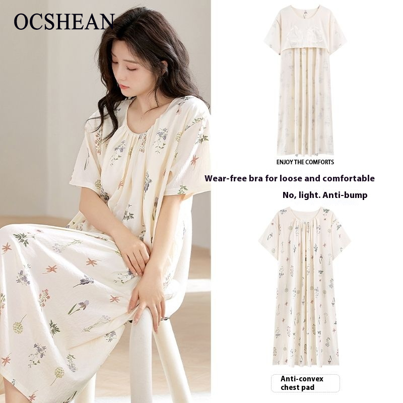 OCSHEAN Summer New Cloud Cotton Short-Sleeved Nightdress Loose and Simple Printed Thin Homewear with Chest Pad Can Be Worn outside