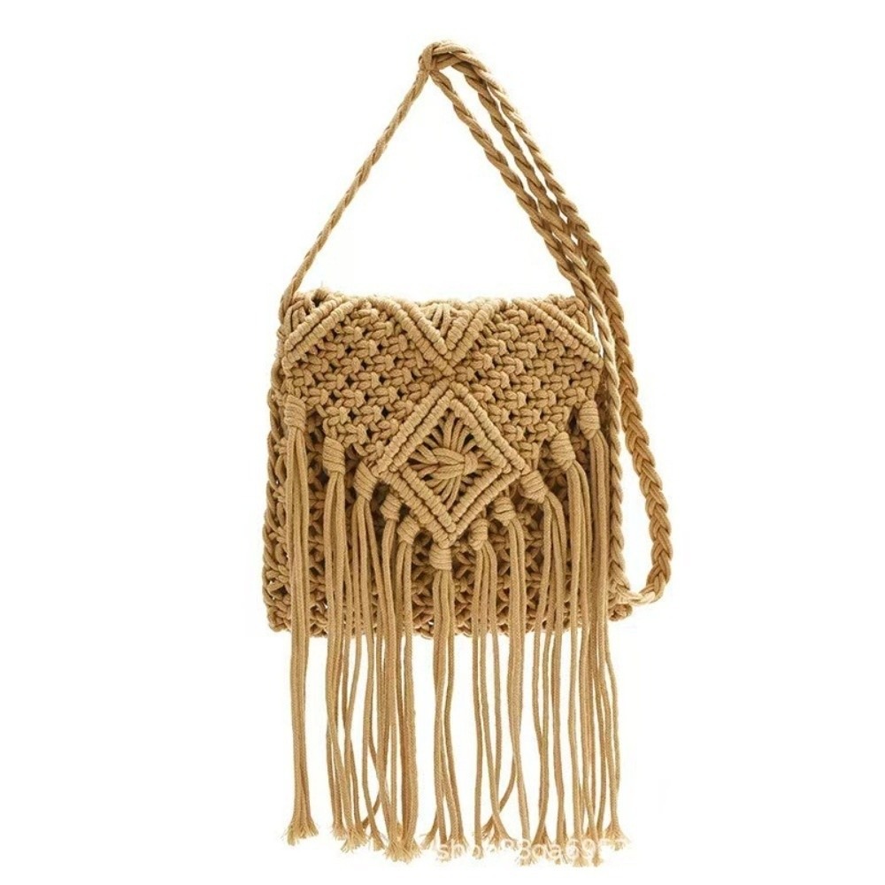 VB45D Màu đơn sắc Túi cói dệt Phong cách Bohemian Phong cách dân tộc Túi đeo vai có tua rua Đơn giản Ví đựng tiền xu Túi đeo chéo nữ Phụ nữ - 3