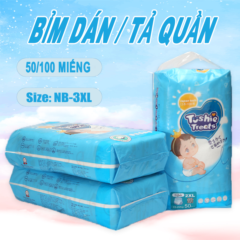 Tã bỉm Tã quần Tushie Treats cho bỉm em bé Công nghệ Nhật bản ôm sát thấm hút thông thoáng NB/S/M/L/XL/XXL/XXXL