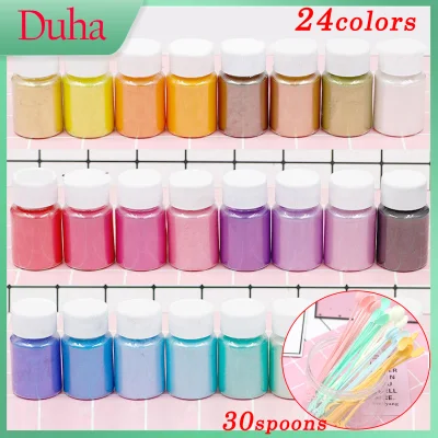 24 Colors Colorant Pigments Mica Pearl Powder with 30pcs Mini Stirring Spoon for DIY Nail Art Craft Projects Slime Bath Soap Making Supplies
