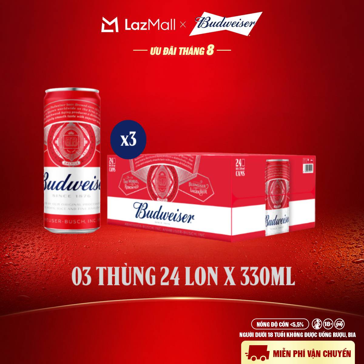 Combo 3 Thùng 24 Lon Bia Budweiser Sleek Can Chính Hãng (330ml/lon)