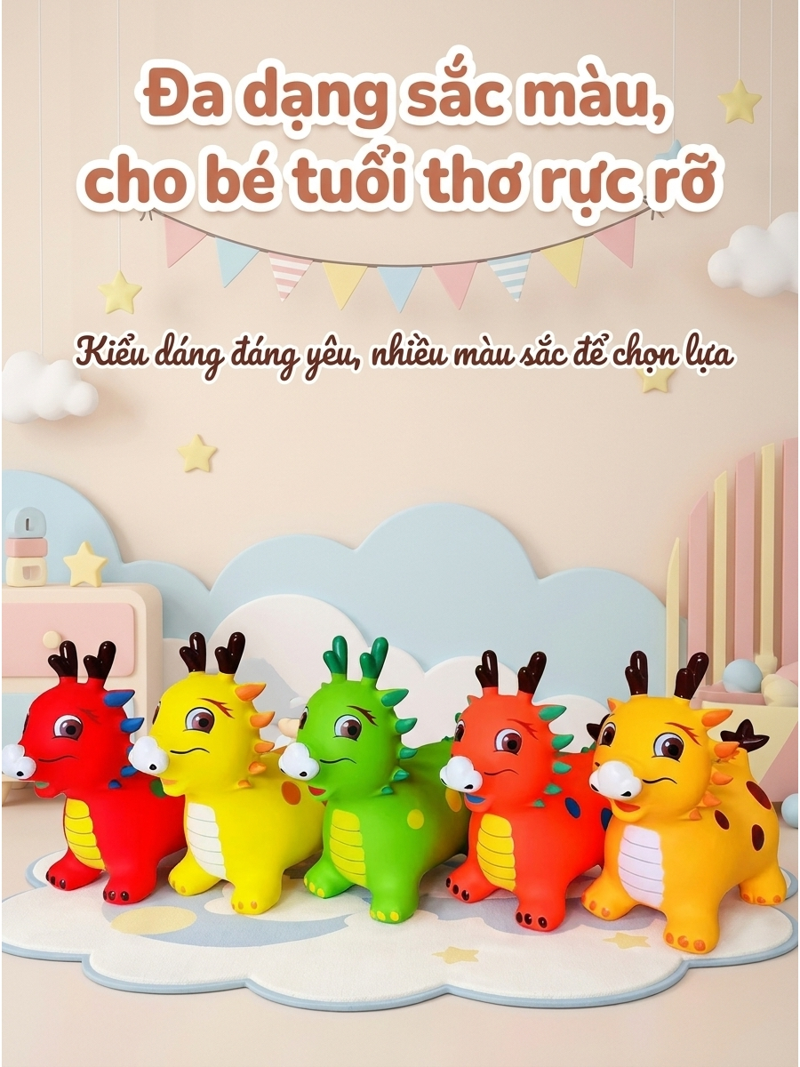 (Loại dày tặng pin) Thú Nhún Hình Rồng Có nhạcBơm Hơi PVC Dày, Đồ Chơi Vận Động Thăng Bằng Cho Bé