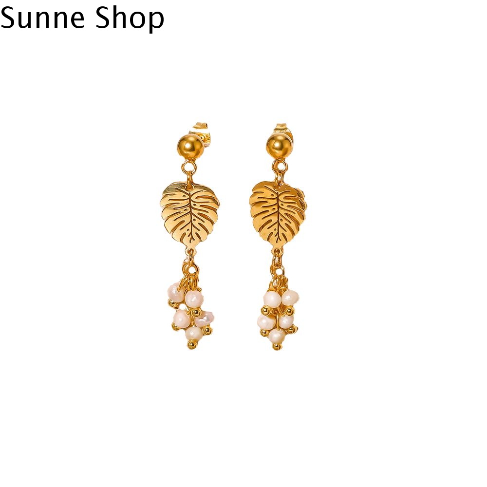 SUNNE SHOP Bông tai lủng lẳng Hạt Charm hình lê lá vàng Thanh lịch Hiện đại Bông tai thả Xinh xắn Thép không gỉ Hoa tai tán lá Phụ nữ