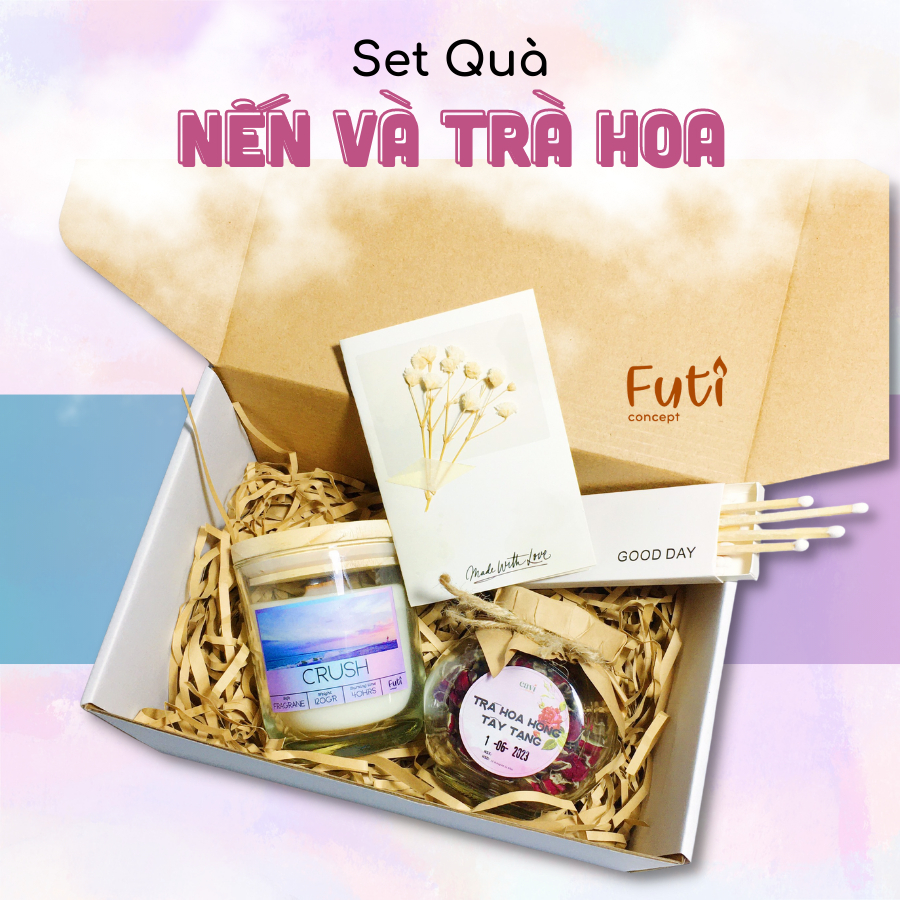 Hộp quà tặng nến thơm và trà hoa khô cao cấp, set quà tặng sinh nhật, candle cup handmade