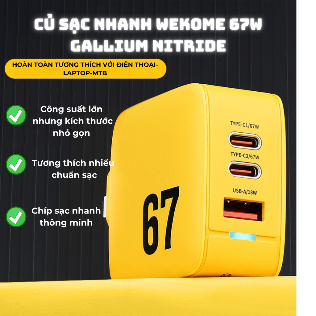 Củ sạc nhanh 67w gan wekome u141 3 cổng ra 2 typec+1 usb, hỗ trợ sạc nhiều thiết bị, sạc nhanh thông minh. bh 12 tháng.
