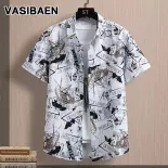 VASIBAEN  Áo sơ mi ngắn tay in họa tiết cho nam, kiểu dáng rộng rãi thời trang mùa hè, thiết kế trẻ trung cá tính