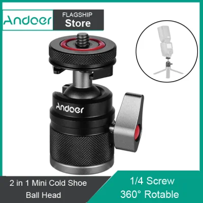 Andoer 2 in 1 Mini Cold Shoe Ball Head Dual Use with 1/4 Screw Cold Shoe Mount 360° Swivel Aluminum Alloy Compatible with Camera Phone Holder Speedlite Tripod Selfie Stick