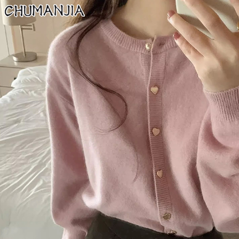 Chumanjia màu hồng áo Cardigan dệt kim của phụ nữ mới thanh lịch mềm sáp áo len quần soóc rộng cổ tròn Áo khoác mỏng