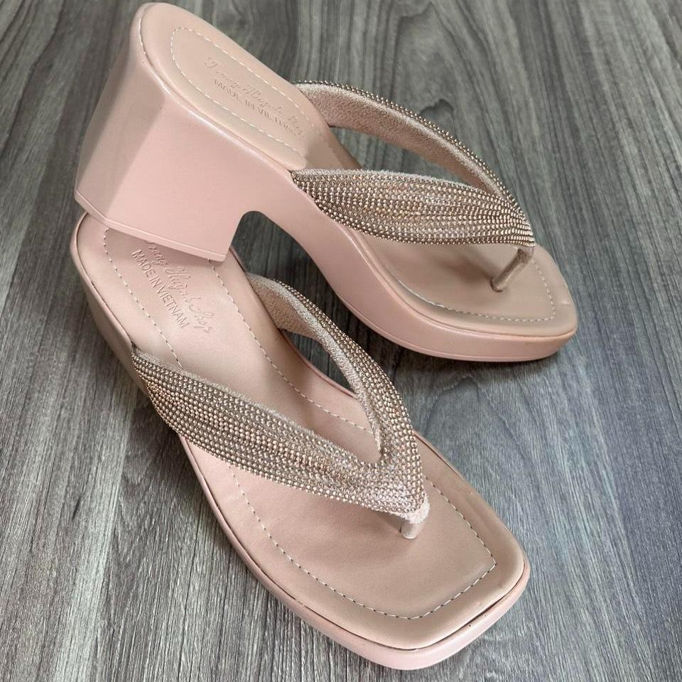 Dép nữ cao gót - đế PU cao 6 phân - quai kẹp xoàn đá - ( MS09 ) DéP Shoes GiàY Jean Cao Su Quai Ngang Women - 4