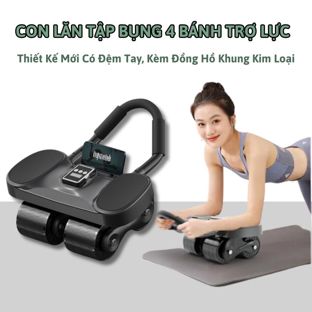 Con lăn tập bụng 4 bánh trợ lực tại nhà nam nữ có đồng hồ tặng thảm tập