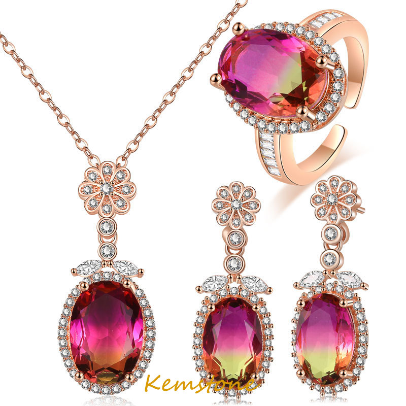 Kemstone thanh lịch sáng bóng Gradient Zircon Đỏ nhẫn có thể điều chỉnh vòng cổ mặt dây chuyền hình trái xoan Bông tai thả cho phụ nữ Cô Gái Bộ trang sức quà tặng