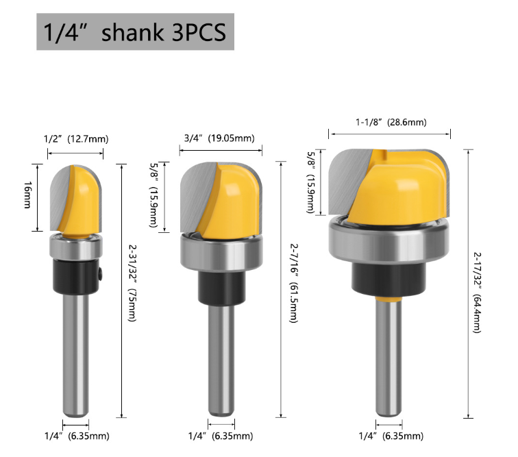 3 cái món ăn khắc mũi soi khay có tô Bộ Mẫu 1/4 inch/6mm/8mm Shank vòng bi công cụ gia công gỗ