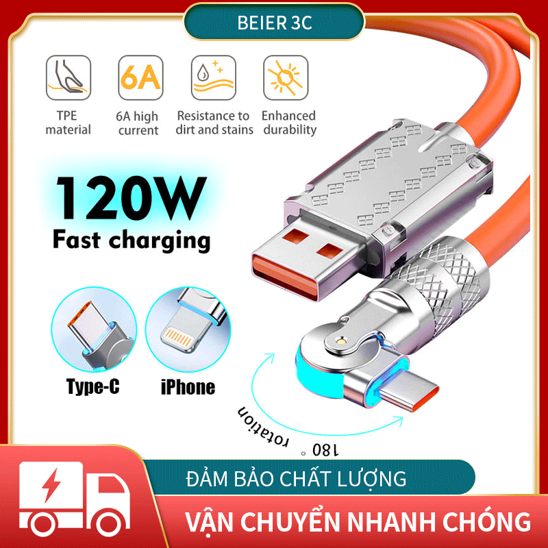 Cáp sạc nhanh hợp kim nhôm 120W 6A Cáp sạc nhanh xoay 180° Cáp sạc silicon lỏng Thích hợp cho Type-C Micro USB