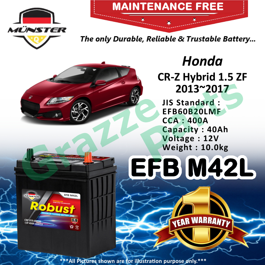 Mnster Robust MF CMF EFB M42L | B20L | 60B20L 40AH Car Battery Bateri Kereta for Honda CR-Z CRZ Hybr