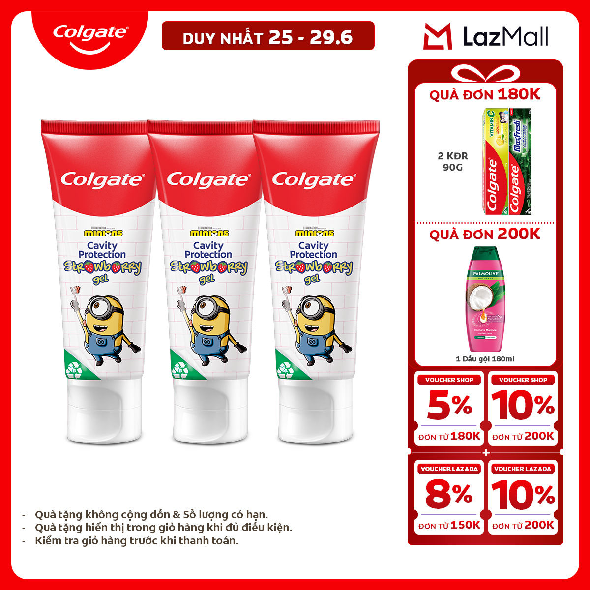 [Chỉ 25-29.6_X2 Voucher giảm đến 20%] Bộ 3 Kem đánh răng Colgate Minion cho trẻ em hương dâu 80g/tuýp