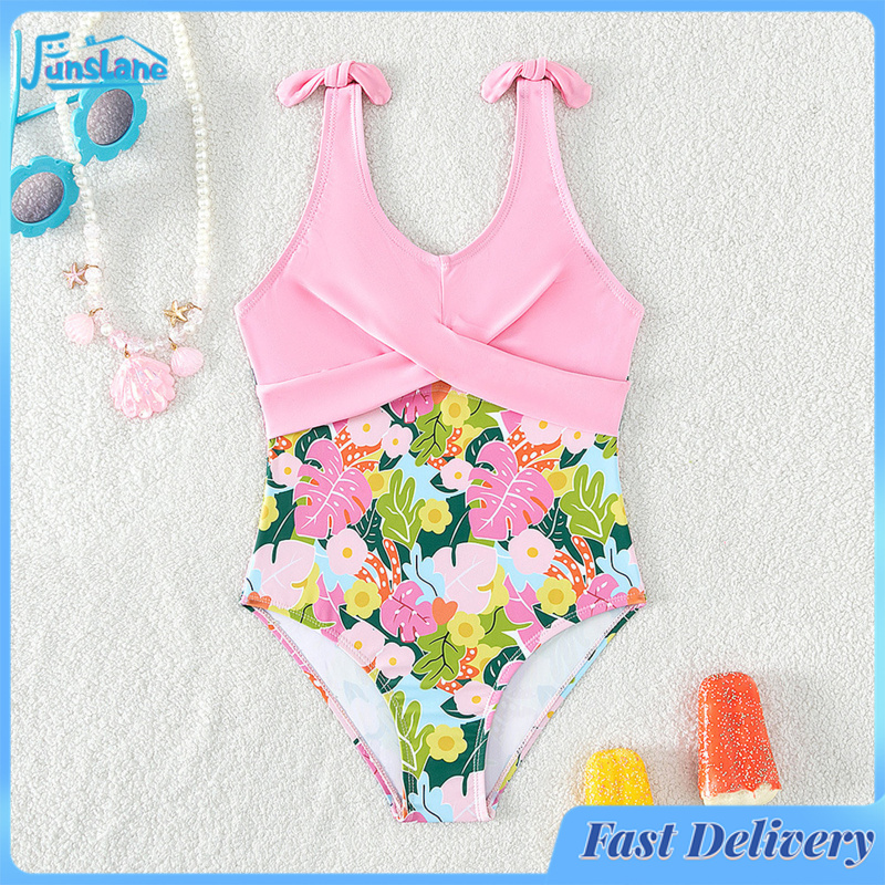 FunsLane Toddler Girls Leotard Swimsuits Summer Beach Cross Chest Design Floral Patterns Bathing Suit Infant Girl Swimsuit For Indoor Outdoor Swimming ราคา 193 บาท*ส่งฟรี