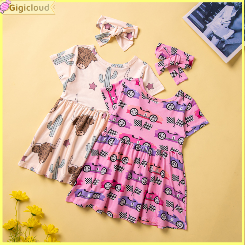 Gigicloud 2pcs Girls Summer Short Sleeve Dress With Headband Sweet Cartoon Printing Cotton Dress For Kids Aged 1-5 ราคา 222 บาท*ส่งฟรี