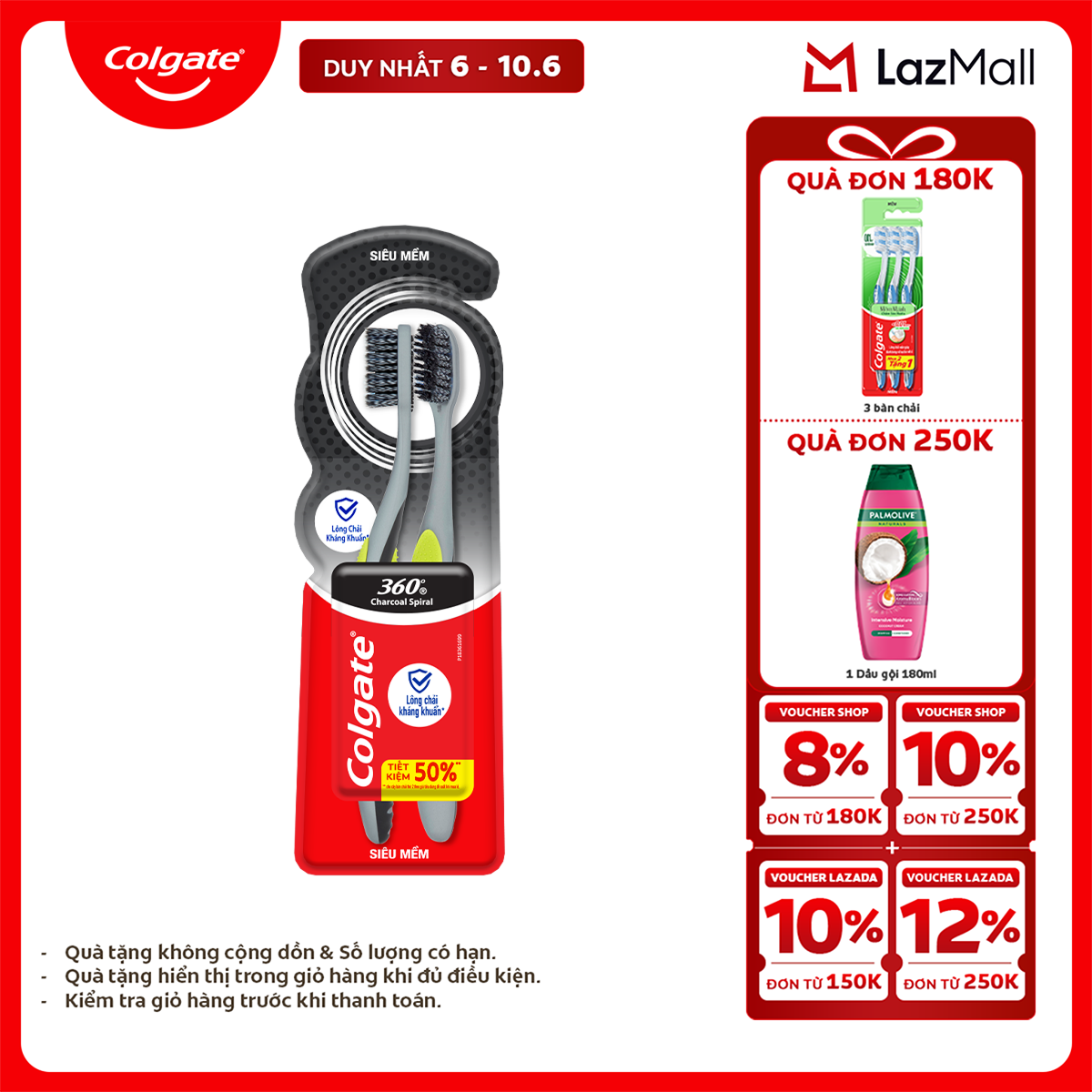 [Chỉ 6-10.6_X2 Voucher giảm 22%] Bàn chải Colgate 360 than hoạt tính kháng vi khuẩn Charcoal Spiral lông chải xoắn kép