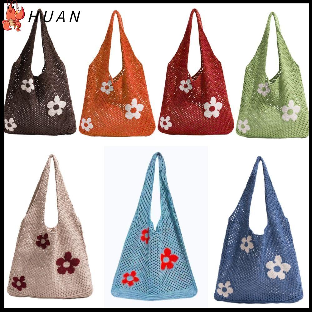 HUAN Dung lượng lớn Túi Tote Dệt  Vai đơn Thiết kế Openwork Túi xách hoa Phong cách cổ điển Kết cấu lưới Túi đeo vai bằng lưới Túi mua sắm