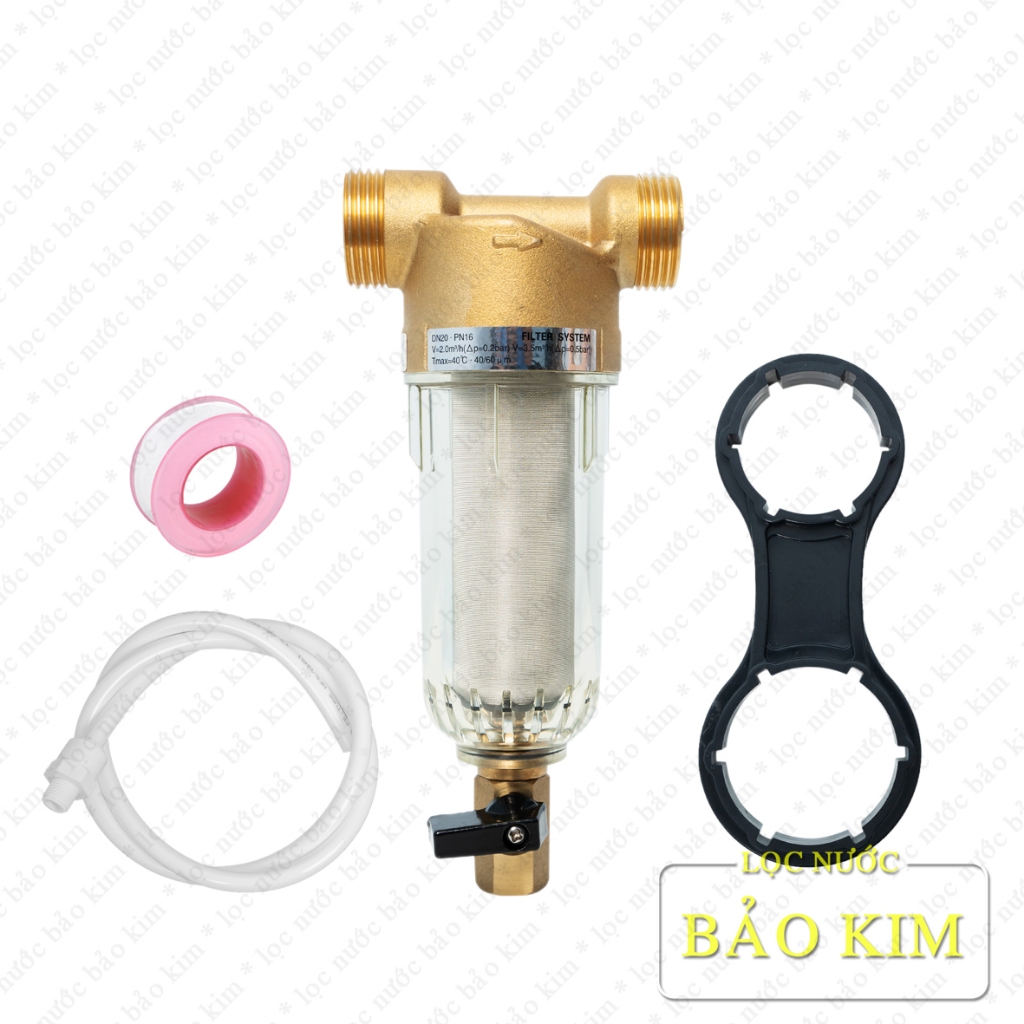 Công suất 3.500L/h | Bộ lọc xử lý nước thô, sinh hoạt đầu nguồn ren đồng | lõi sợi Inox | vào - ra ren ngoài 34mm ren trong 27mm