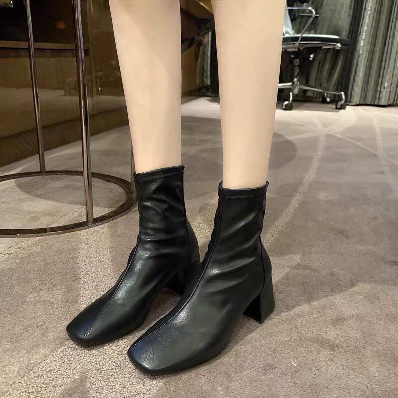 Bốt cao gót nữ đế vuông 5 phân,boots nữ da mềm khóa sau hottrend mùa đông 2023