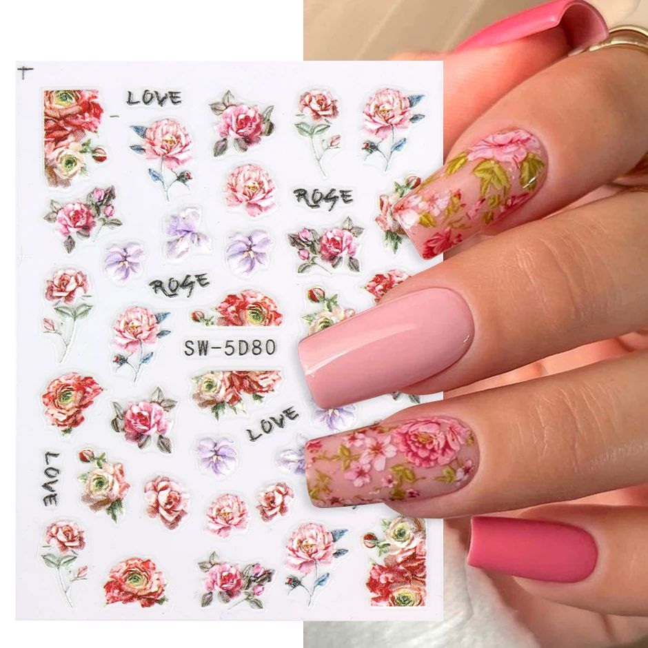 New manicure 5D Embossed Peony Flowers Nail Art Stickers Valentine Rose Design Spring Textured Decals New Year Manicure Decoration LYSW-5D80 ราคา 331 บาท*ส่งฟรี