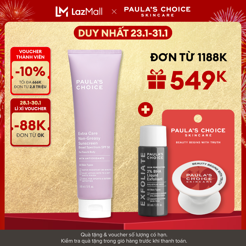 Kem chống nắng cơ thể chống thấm nước đến 8h Paula’s Choice Extra Care Non Greasy Sunscreen SPF 50 1