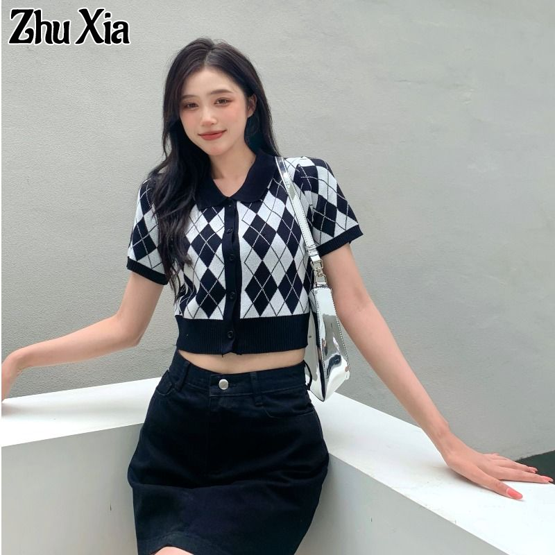 Zhu XIA Phụ nữ mùa hè tay ngắn argyle Áo cardigan dệt kim với nút đóng