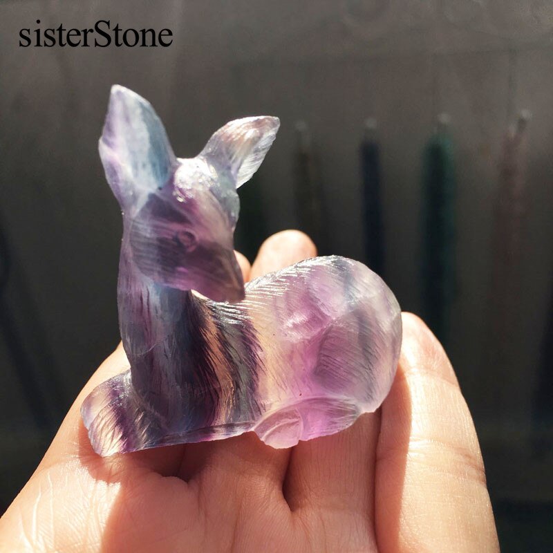 Natural Rainbow fluorite hand carved mini deer 2 quartz crystal healing stones hand carving animal for home decor stones (4)