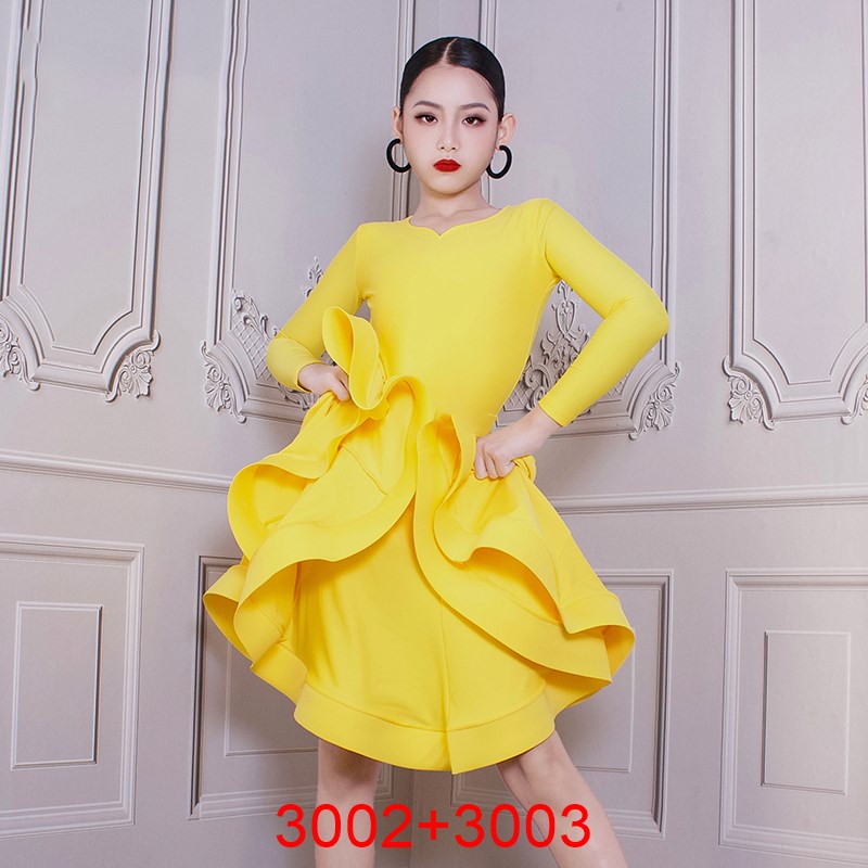 Váy Thi Đấu Latin Trẻ Em QVEi Dài Tay 3002+3003 (VTEDT) - Vàng + Size